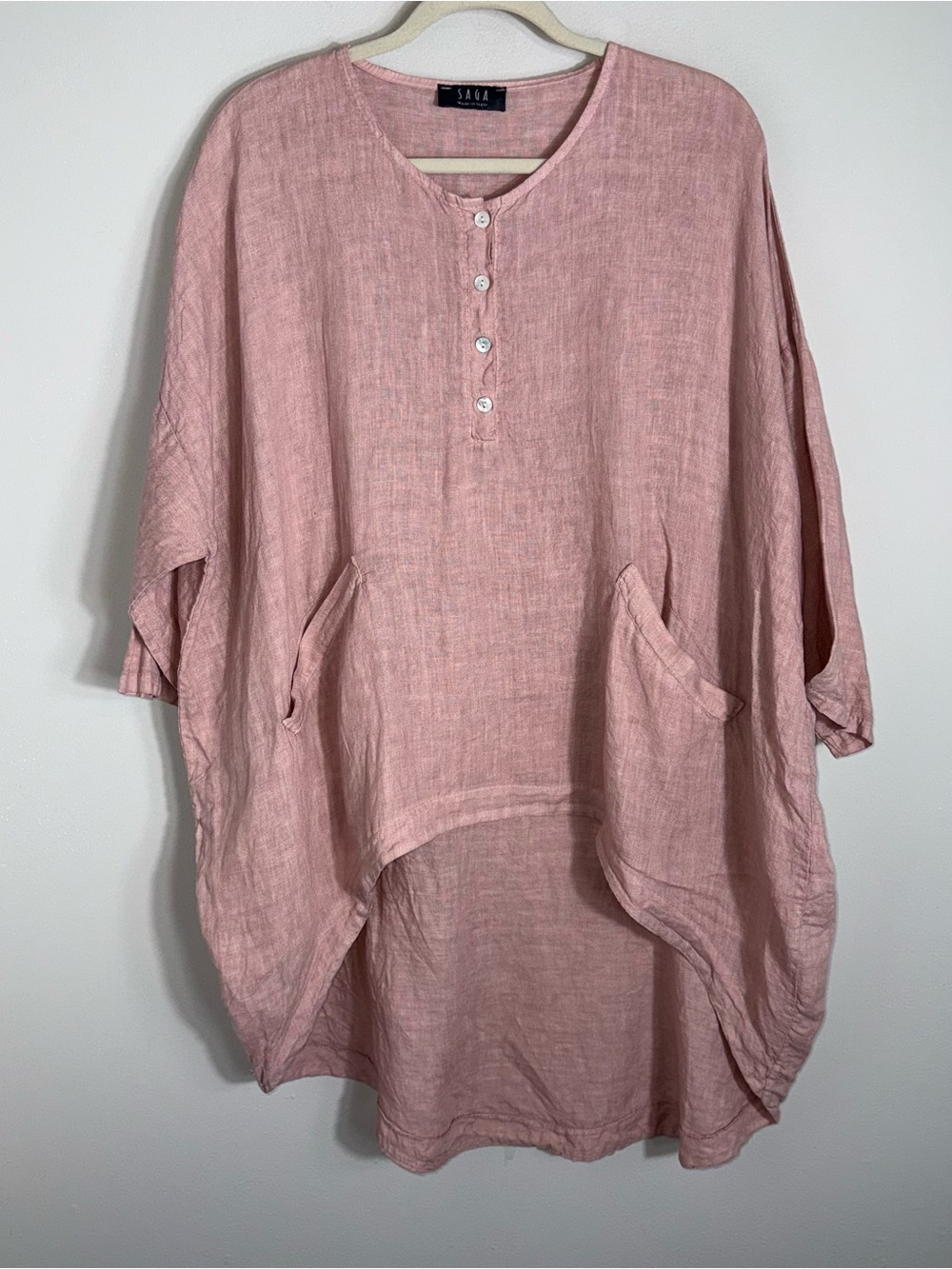 SAGA 100% Linen Tunic Top Blouse Rose Pink-High Low-Lagenlook-One Size